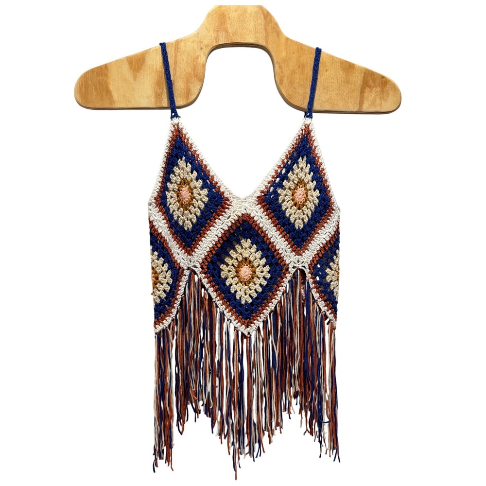 Rebellion Crochet Diamond Fringe Tank Top in Navy, Cream, Tan